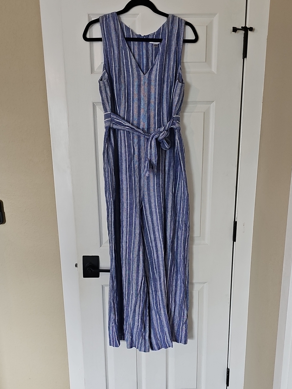 Calvin Klein Blue Striped Sleeveless V-Neck Jumpsuit with Waist Tie